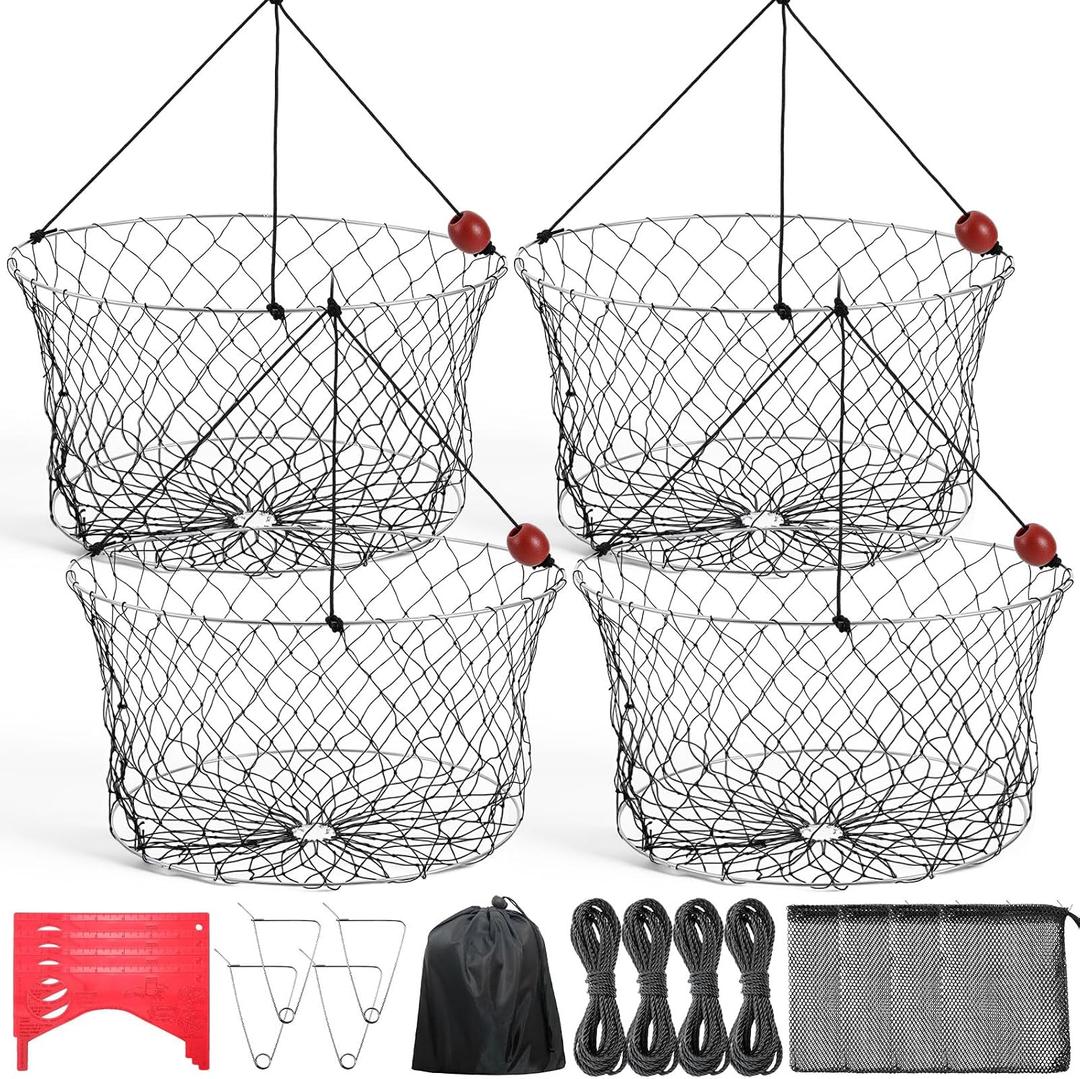 4 Set Crab Trap Kit Complete 24'' Double Ring Crabs Cages with 50 ft Ropes, Crab Measurer, Bait Bags & Clips, Heavy Duty Stainless Steel for Blue Crabs Fish & Prawn