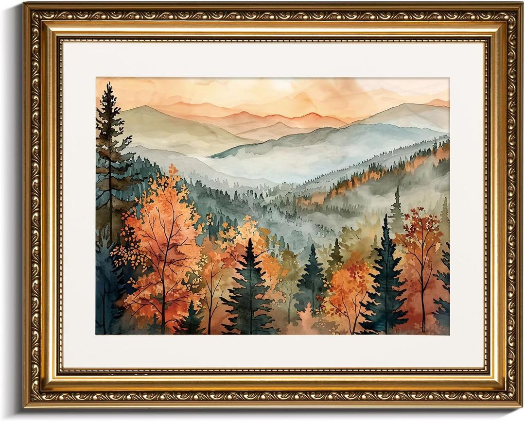 InSimSea Vintage Gold Framed Wall Art, Fall Pictures Bathroom Wall Decor, Kitchen Office Bedroom Rustic Fall Wall Art, Autumn Forest Landscape Home Decor, 13"x16"