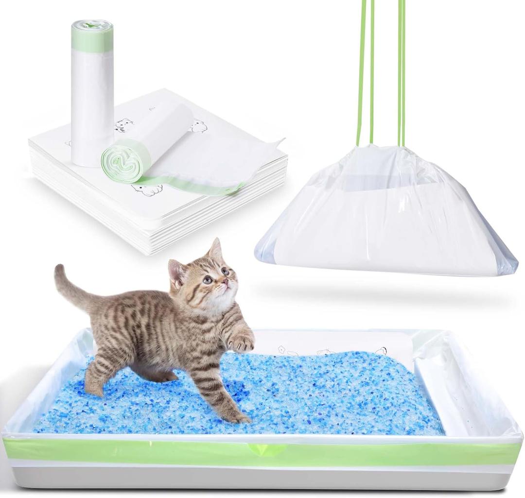 Cat Litter Liners with Anti-scratch Cardboard for Pet Scoop Free Self-Cleaning Litter Box, Kitten Waste Bag Compatible with Reusable/Disposable Refill Tray, Large Drawstring Kitty Poop Bags 20 Count (Green)