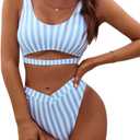 Blooming Jelly Womens Cheeky High Cut Bikini Set Cutout High Waisted Swimsuits Backless 2 Piece Bathing Suits (Medium, Blue & White Striped)