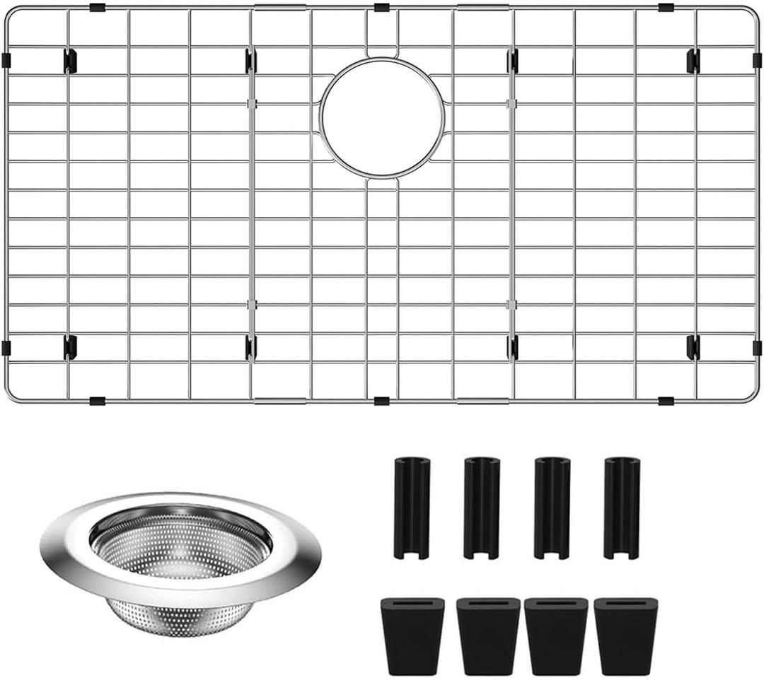 Sink Protectors for Kitchen Sink 28.75" x 15.75" Stainless Steel Sink Protector with Rear Drain Hole Sink Rack for Bottom of Sink with Sink Strainer(Silver, Separable,28.75" x 15.75", Rear Drain)
