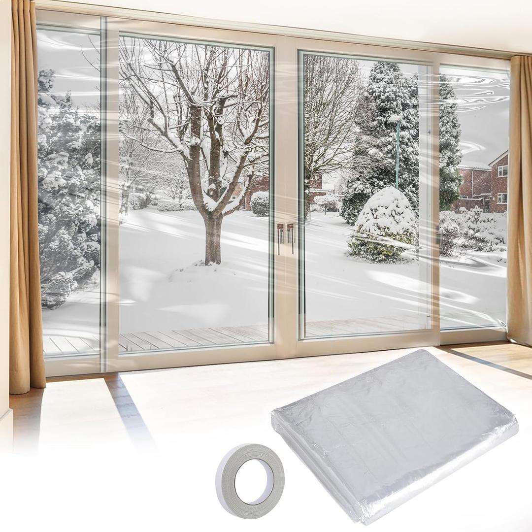 Apipi Patio Door Window Insulation for Winter - 87 x 236 in Thicken Sealing Plastic for Winterizing, Clear Shrink Film Cover Kit with Double-Side Tape for Large Window/ Sliding Door/French Door