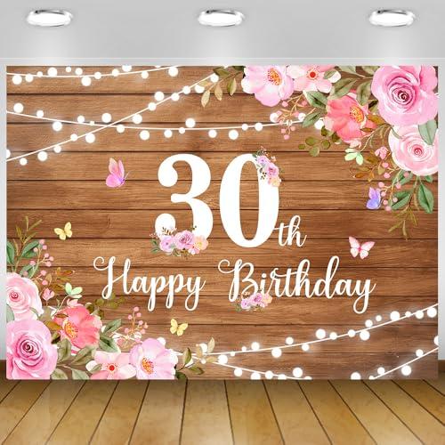 Happy 30th Birthday Decorations for Her Rustic Wooden Happy 30th Birthday Banner Backdrop Pink Floral 30 Years Old Party Decoration Photography Banner Supplies 7x5Ft