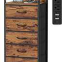 Furnulem 5 Drawers Dresser with Charging Station, Tall Night Stand with Storage Shelf, Fabric Chest of Drawers, Bedside Table for Closet, Entryway, Bedroom Furniture, 3 Ways to Use, Rustic Brown