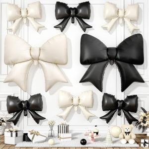 Black and Cream Bow Balloons, 8 Pcs 38 In 21 In Gaint Black Beige Bow Foil Balloon, Coquette Party Decorations for Girls Women Princess Birthday Baby Shower Bridal Wedding Bachelorette Decoration