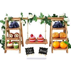 Wooden 3 Tier Cupcake Stand with Swing, Rustic Pine Wood Dessert Display Stand with Removable Trays, Foldable A-Frame Ladder Rack for Cake Fruit Snack, Perfect for Wedding Party Birthday
