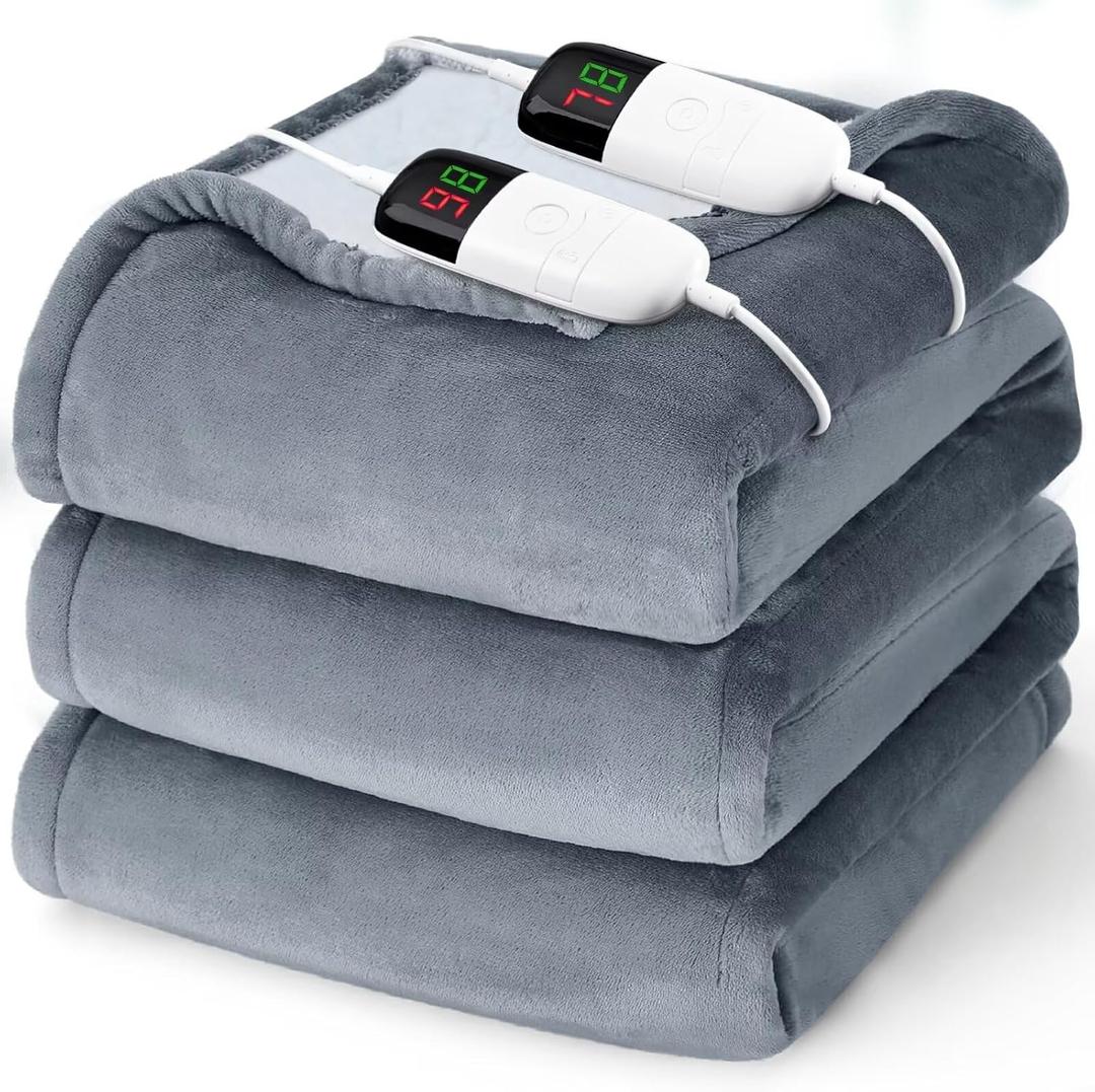 Heated Electric Blanket King Size - 90" x 100" Heating Blanket with Dual Control, 10 Heating Levels & 8 Hours Auto Off, Soft Warm Flannel Blanket, Christmas Birthday Gifts for Senior Grandma (Ash Gray)