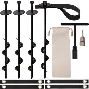 VASGOR 12" Trampolines Wind Stakes Black Powder Coated with 4 Straps - Heavy Duty Ground Anchors for Camping Tent - Garden Staples  Trampoline Anchor (4 PCS)