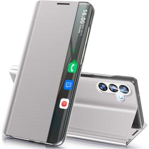 for Galaxy S24 FE 5G Case View Clear Window Leather Hard PC S24 FE Case Slim Mirror Kickstand Luxury Flip Shockproof for Samsung Galaxy S24 FE 5g Cover Protective (Gray)