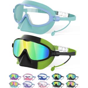 Kids Swim Goggles with Nose Cover for 3-12, 2 Pack Anti Fog/UV Swimming Goggles Mask for Boys Girls Toddler