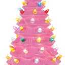 Lakumu 16.5" Table Top Christmas Tree, Hand Painted Resin Christmas Tree with Lights, Pre-lit Xmas Tree Decor Lighted Tabletop Decoration with Multicolored LED Bulbs, Ceramic-Like Finish, Pink