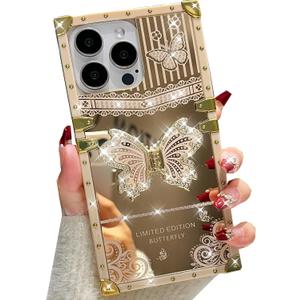 Changjia Glitter Kickstand Case for iPhone 16 Pro Max,Cute Luxury Bling Sparkly Butterfly with Foldable Stand Elegant Mirror Shockproof Protective Case for Women Girls for iPhone 16 Pro Max 6.9",White