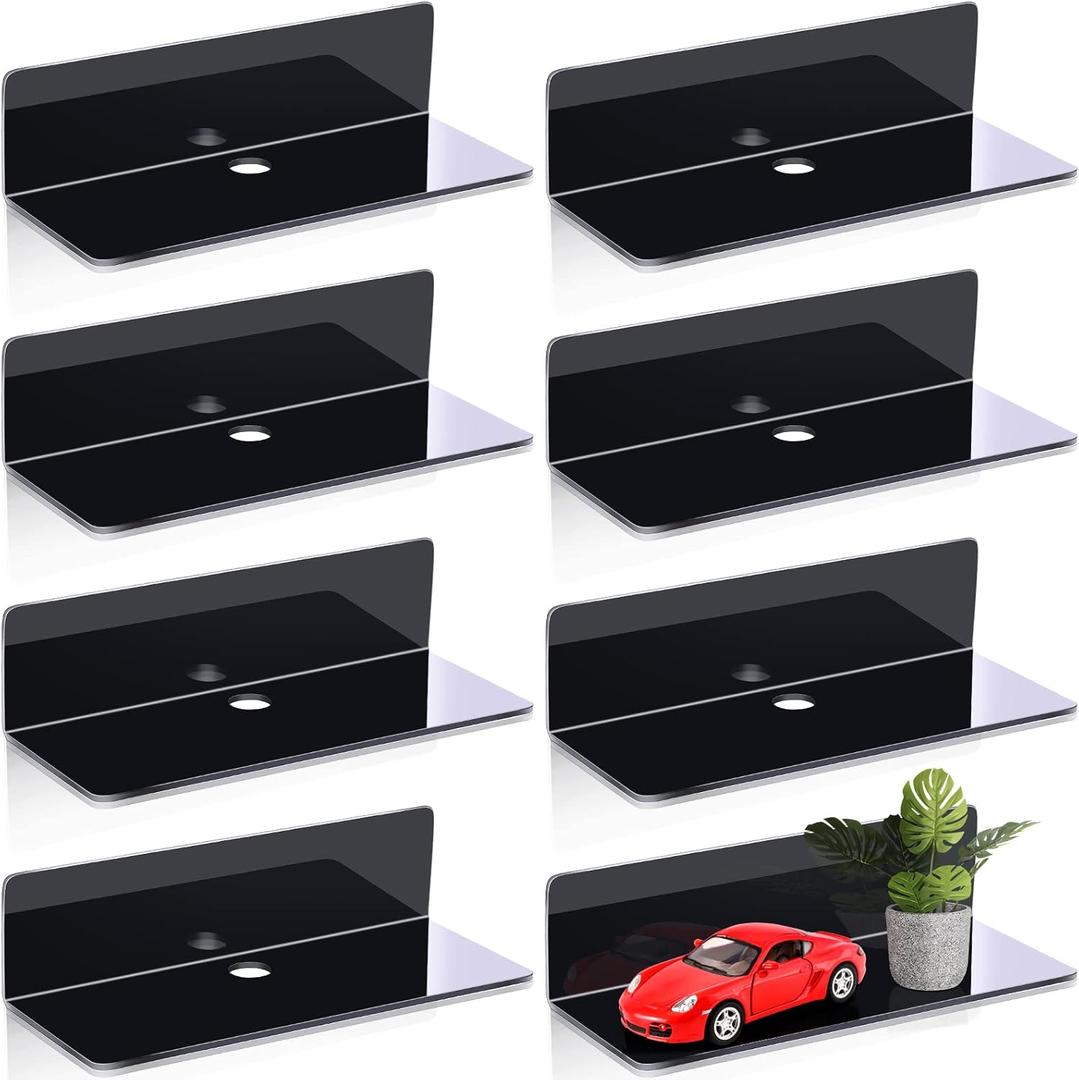 Maitys 8 Pcs Acrylic Floating Shelves 9 Inches Adhesive Wall Mounted Shelves No Drill Hanging Acrylic Wall Display for Living Room Bathroom Bedroom Kitchen Office(Black)