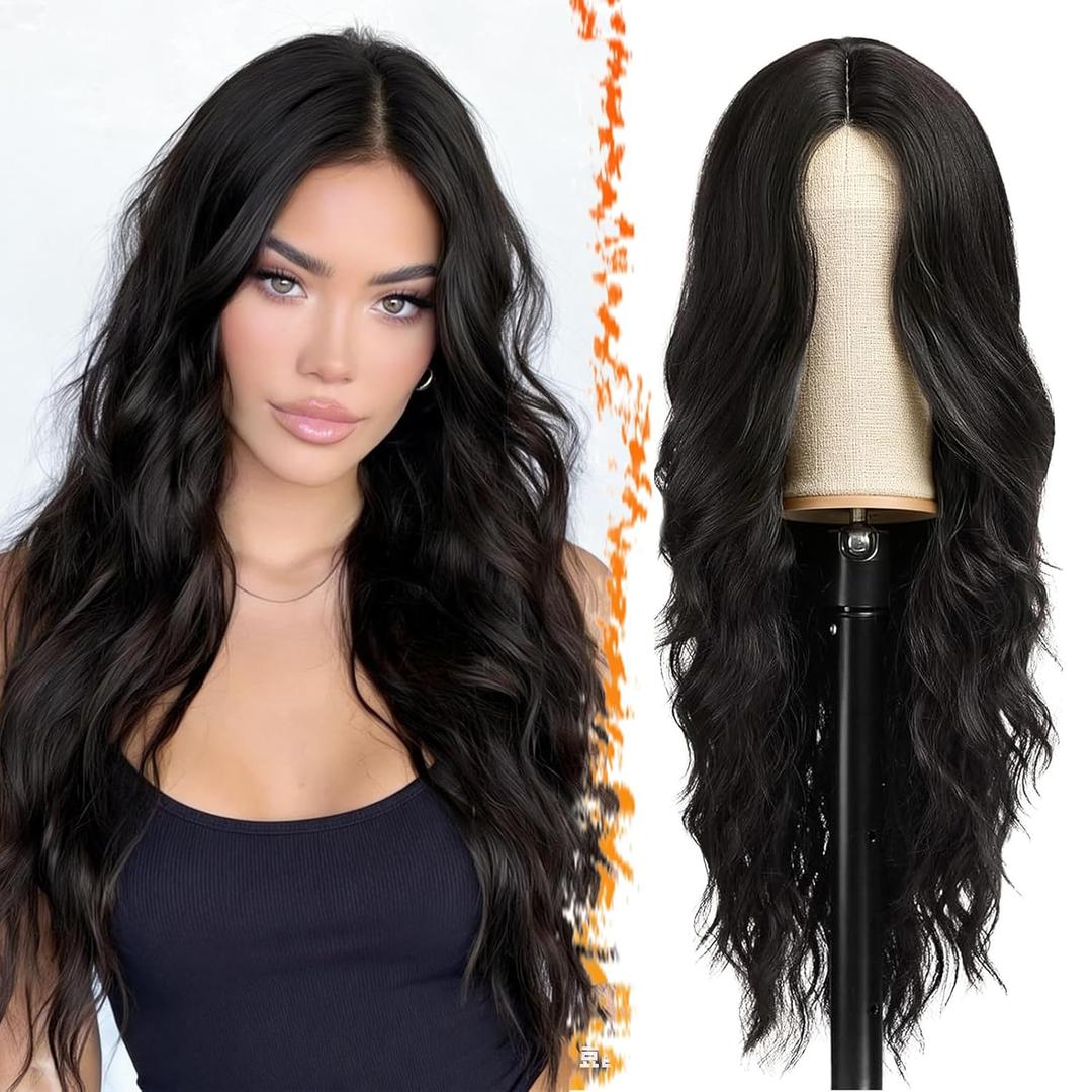BARSDAR Long Wavy Black Wig - 26 Inch Long Wavy Middle Part Black Wig for Women - Small Lace Front Natural Looking Lightweight Thick Soft Synthetic Wigs Daily Party Halloween Costume
