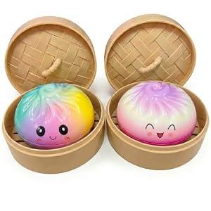2 PackGlitter Rainbow Dumpling Squeeze Fidget,Soft PU Stress Relief Squeeze Ball for Adults,Slow Rising Squishy, Cute Anxiety Relief Decompression,PU Materia Fidget for Office or Party Favor. (A2)