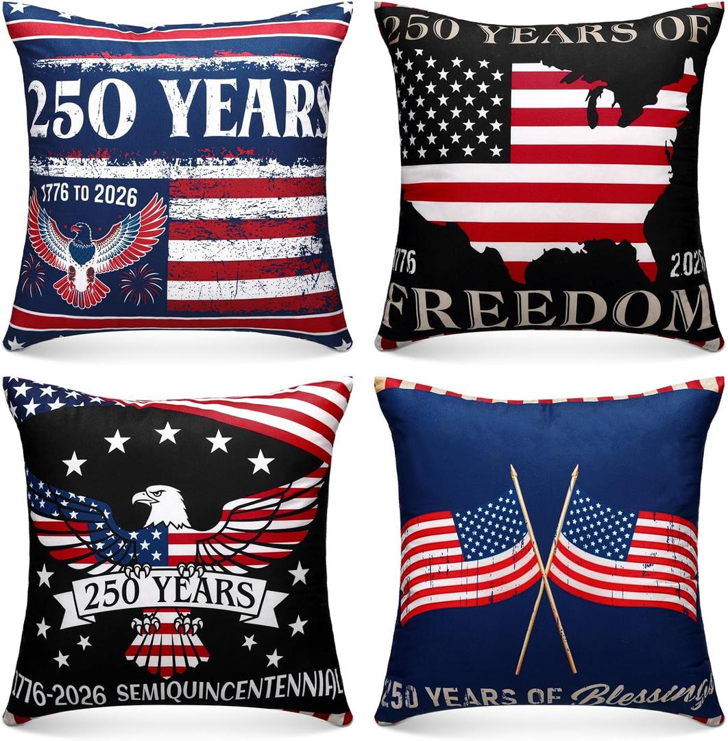 Hahafelt 4 Pcs 250th Anniversary Patriotic Pillow Covers 18 x 18 Inch 4th of July Patriotic Pillow Covers Memorial Day Throw Case America Flag Stars Stripes Cushion Case for Memorial Home Sofa Decor