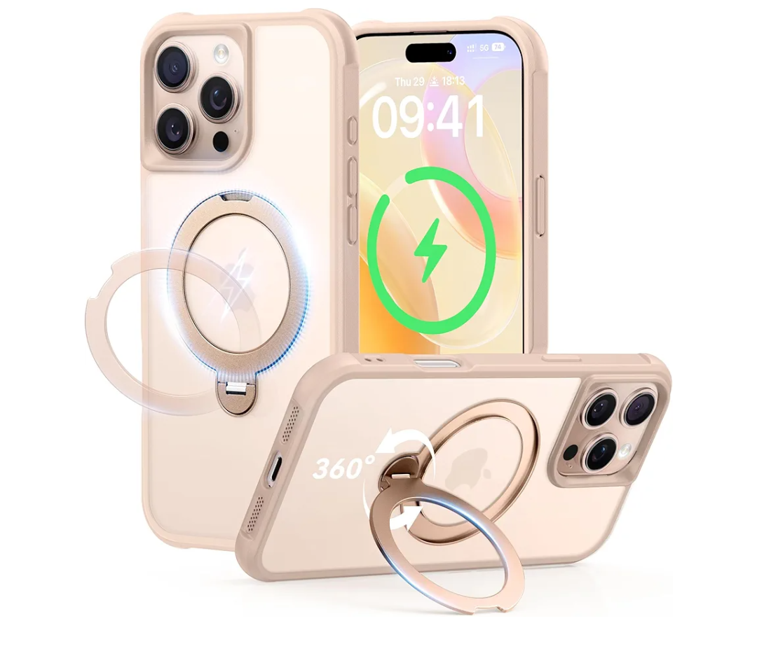 360 Spin Magnetic Stand (Pro-Version) for iPhone 16 Pro Max Case (Compatible with MagSafe) [Military Drop Protection] Matte Translucent Shockproof Protective Phone Case 6.9'', Desert Titanium