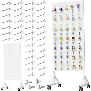 Metal Pegboard Display Stand 2 x 4.9 Feet, Adjustable Height with 40 Peg Board Hooks and Wheels, pegboard Display Rack, Craft Display Rack, Retail Display Rack, Garage Peg Board, Pegboard (White)