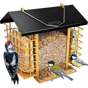 iBorn Bird Feeders for Outdoors,Bird Feeder with Double Suet Holders,Suet Feeder for Outside,Weatherproof Metal Roof,Easy to Refill&Clean,3.2 LBs Seed Capacity+2X Cakes,1 Pack,Black Roof & Yellow Grid