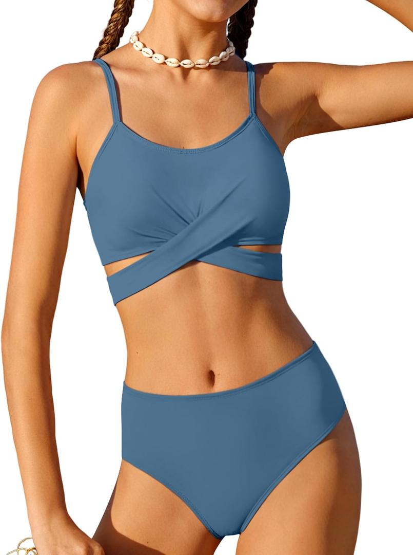 AGERWAY Girls Swimsuit Bathing Suits Criss Cross Bikini Set Two Piece Girls' Swimwear Solid Color Bathing Suit (13-14 Years, Dark Blue)