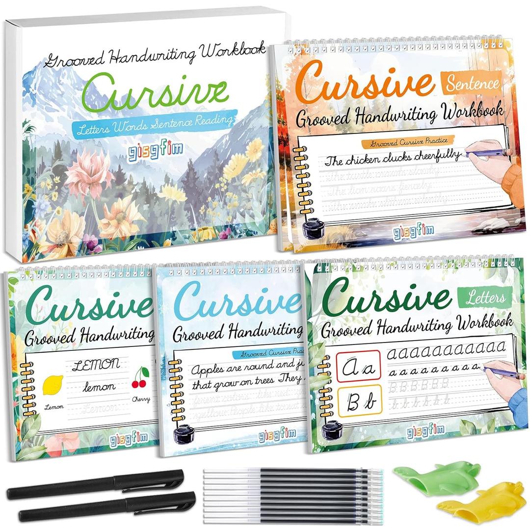 gisgfim 4 Pack Grooved Cursive Handwriting Workbook Kit Magic Reusable Grooved Handwriting Practice with Disappearing Ink Pens Cursive Kickoff Student Workbook for Kids Words Letters Sentences Reading