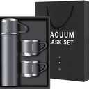 Coffee Thermos Stainless Steel Vacuum-Insulated Water Bottle, 500ml/16.9oz Insulated Bottle with Cup for Hot & Cold Drink Travel Mug (Gray, Three Cup)