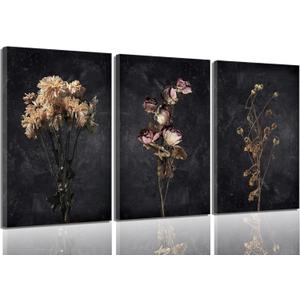 3Pcs Dark Floral Canvas wall art Moody Dried Wildflower Posters Pictures Wall Decor Nature Wilderness Botanical Paintings Abstract Prints for Living Room Bedroom Office Modern Farmhouse Home Artwork