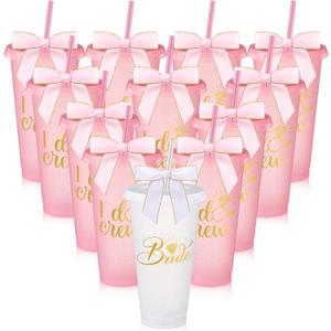 12 Pcs Bridesmaid Plastic Tumbler with Straw Lid and Twist Bow 24 oz I Do Crew and Bride Reusable Tumbler Bridal Party Proposal Gifts Bachelorette Party Gifts for Wedding Bridal Bridesmaid (Pink)