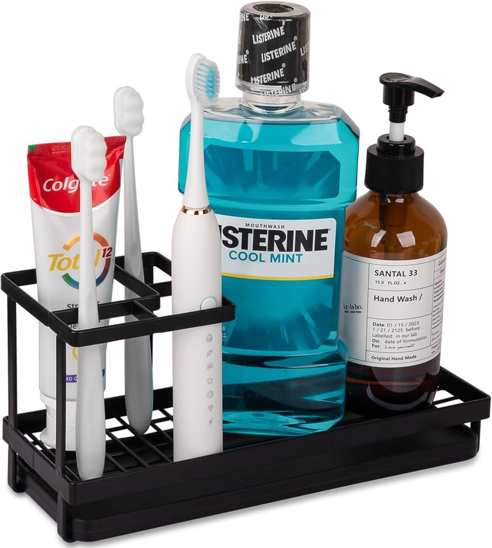 Toothbrush Holders for Bathrooms, Carbon Steel Tooth Brushing Holder Electric Toothbrush and Toothpaste Organizer Bathroom Accessories for Countertop, Shower, Sink - Matte Black (Small)