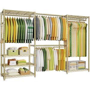 Ulif E1 Heavy Duty Closet Garment Rack, 6 Tiers Adjustable Metal Freestanding Expandable Clothing Storage with 4 Hanger Rods, Easy to Assemble Wardrobe, 71.4" H x (70" - 88.2") L x 14" D, Gold