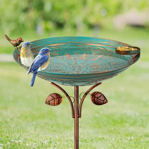 Metal Bird Baths for Outdoors, 39" H Birdbath with 13 Inch Bowl, Standing Bird Bath & Bird Feeder with Stake for Outside Garden Patio Yard Lawn Decor,Green