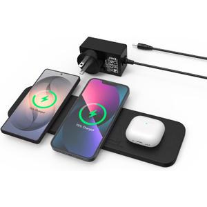 ZealSound Wireless Charging Pad, 3-in-1 Fast Wireless Charger with 36W Adapter for iPhone 17/16/15, Samsung Galaxy, AirPods & Galaxy Buds, Ultra-Slim PU Leather Charging Station for Home Office Travel