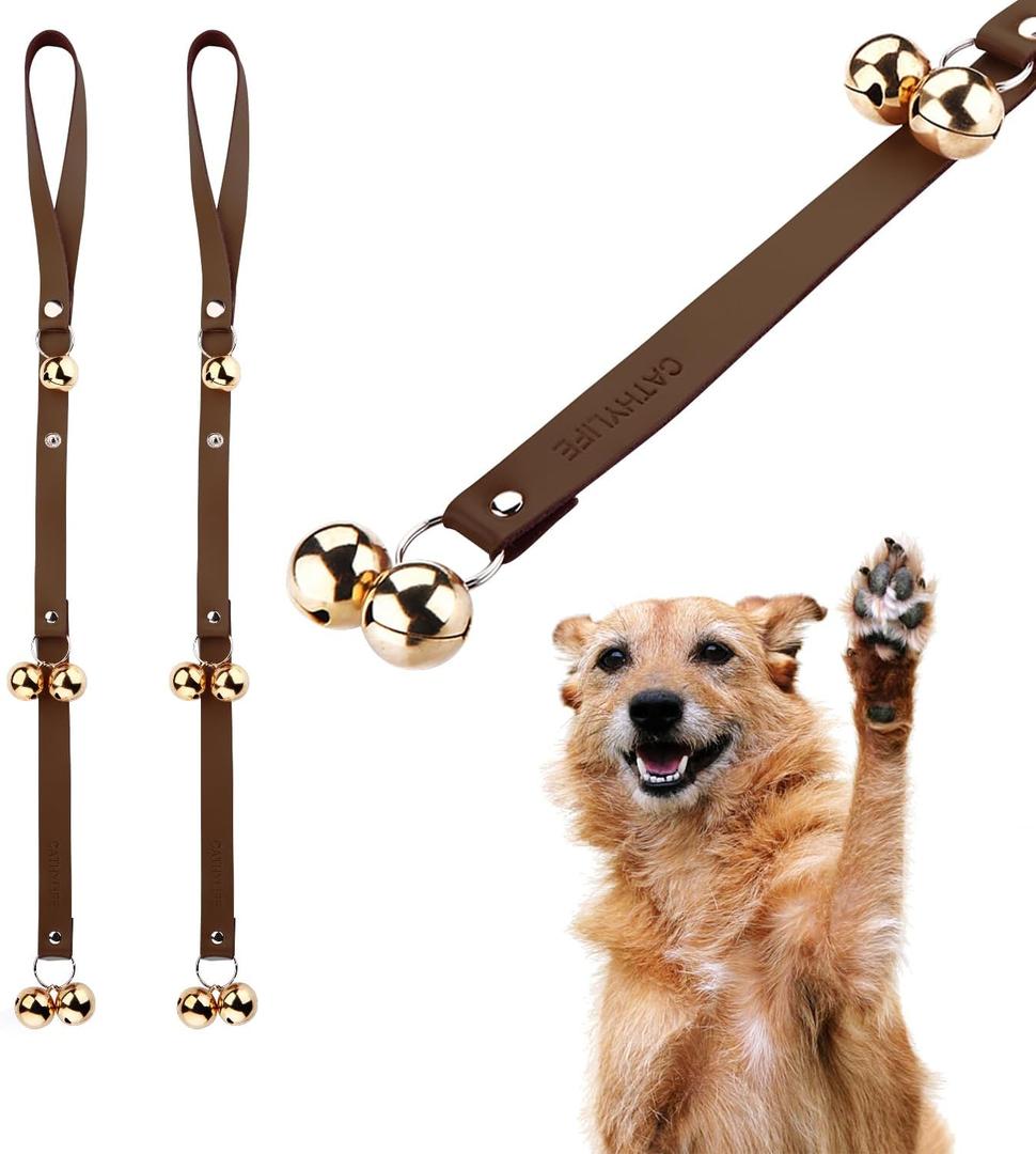 Leather Dog Doorbells for Door Knob, Adjustable Brass Potty Training Bells for Puppy to Go Outside, Easy Dog Door Bell for Potty Training (Dark Brown Leather Golden Bells - 2 Pack)