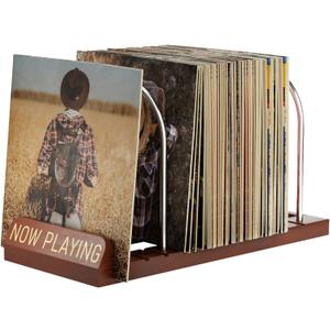 Now Playing Vinyl Record Stand, 50 LP Vinyl Record Storage with Non-slip Grooves, Wood Now Spinning Vinyl Record Holder for Albums Magazine Rack Magazine Organizer Record Display, Gift Package (Brown)