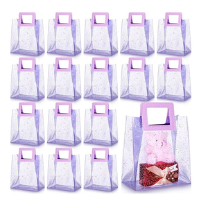 8 Pcs Purple PVC Gift Bags with Handles Bulk Glitter Valentine's Day Galentines Wedding Party Favor Bags Reusable Tote Bag for Wedding Bridal Baby Shower Birthday, 7x4x8''