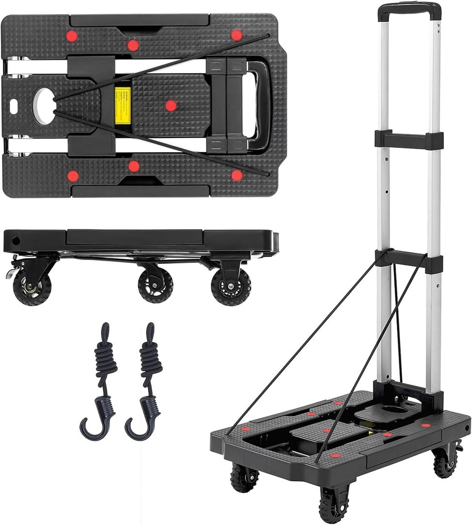 Foldable Platform Cart, Transport Cart Max.150KG, 5 Wheel Foldable Cart and 2 Elastic Cords, for Heavy and Bulky Loads with Telescopic Handles