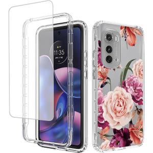 Case for Moto Edge 2022/Motorola Edge 2022 5G UW XT22051 with Tempered Glass Screen Protector, Floral Design Full Body Protective Cell Phone Cover for Motorola Moto Edge 2022 5G Purple Flower