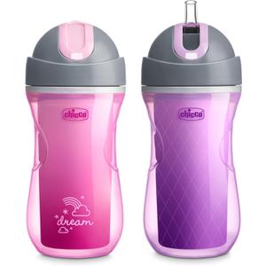 Chicco Flip-Top Straw Cup 9oz | Insulated Toddler Sippy Cup with Soft Silicone Straw | No-Spill Valve | Easy-Clean | BPA-Free | 2pk | For Ages 12+ Months | Dream Pink/Purple