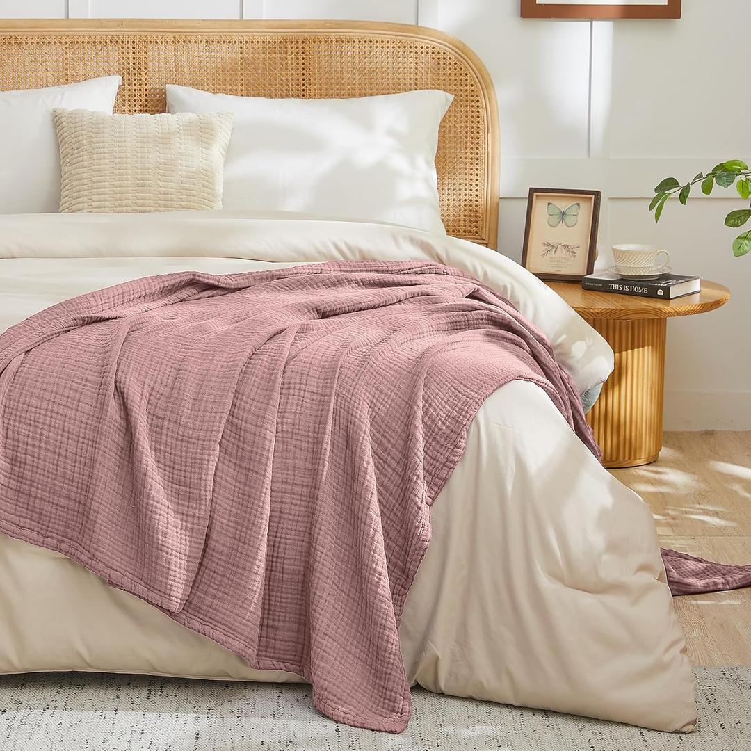 EMME Cotton Throw Blanket for Couch Soft Muslin Blankets 50"x60" Lightweight Breathable Blanket Light Tan All Season Gauze Blanket