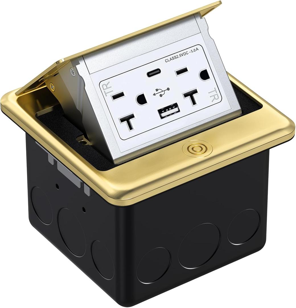 WEBANG Pop Up Floor Outlet Box with 20 Amp Tamper-Resistant Type A & Type C USB 5V/5.0A Recepatacle Outlet, Corrosive Resistant Hardware, ETL Listed, Gold