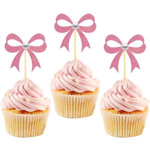24Pcs Pink Bow Cupcake Toppers Pink Bow Birthday Decorations for Coquette Bridal Baby Shower Wedding Themed Party Decorations Supplies(bow)