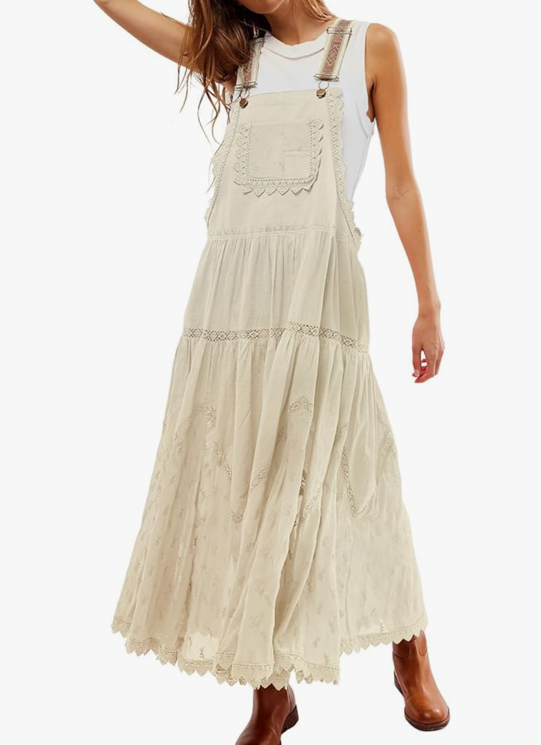 Women's Casual Lace Embroidered Maxi Dress Adjustable Strap Pleated Tiered Swing Long Dress with Pockets Large