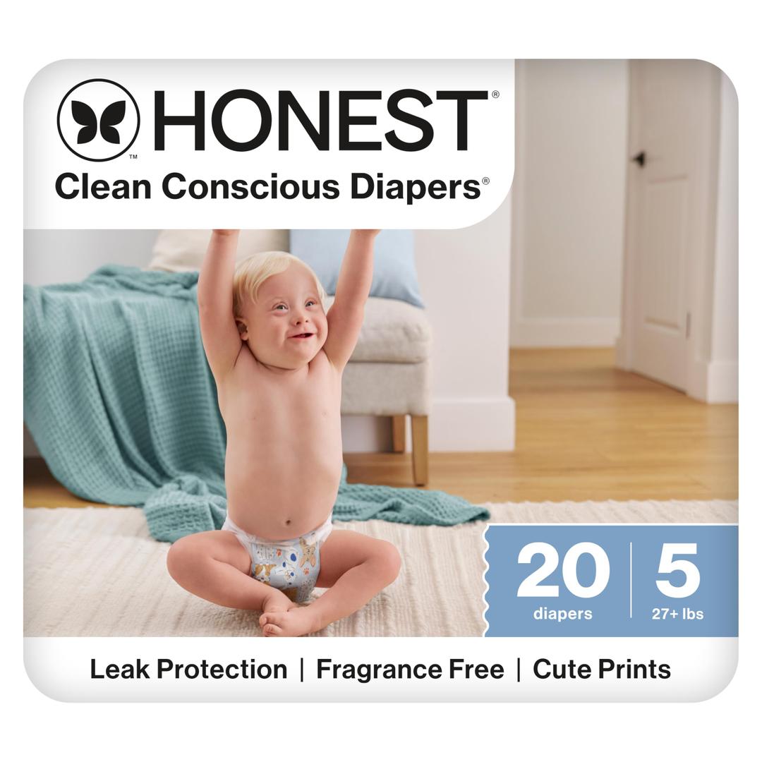 The Honest Company Comfort Dry Disposable Diapers for Sensitive Skin, Hypoallergenic, Fragrance-Free, It's a Pawty, Polybag Size 5 (27 lbs), 20 Count
