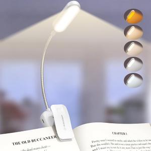 Glocusent 20 LED Reading Lights for Books in Bed, Eye Caring Reading Light, 5 Colors & 5 Brightness 3–100LM Dimmable, 1200mAh Rechargeable Book Light to 90H, Lightweight Clip on Light for Book Lovers, White