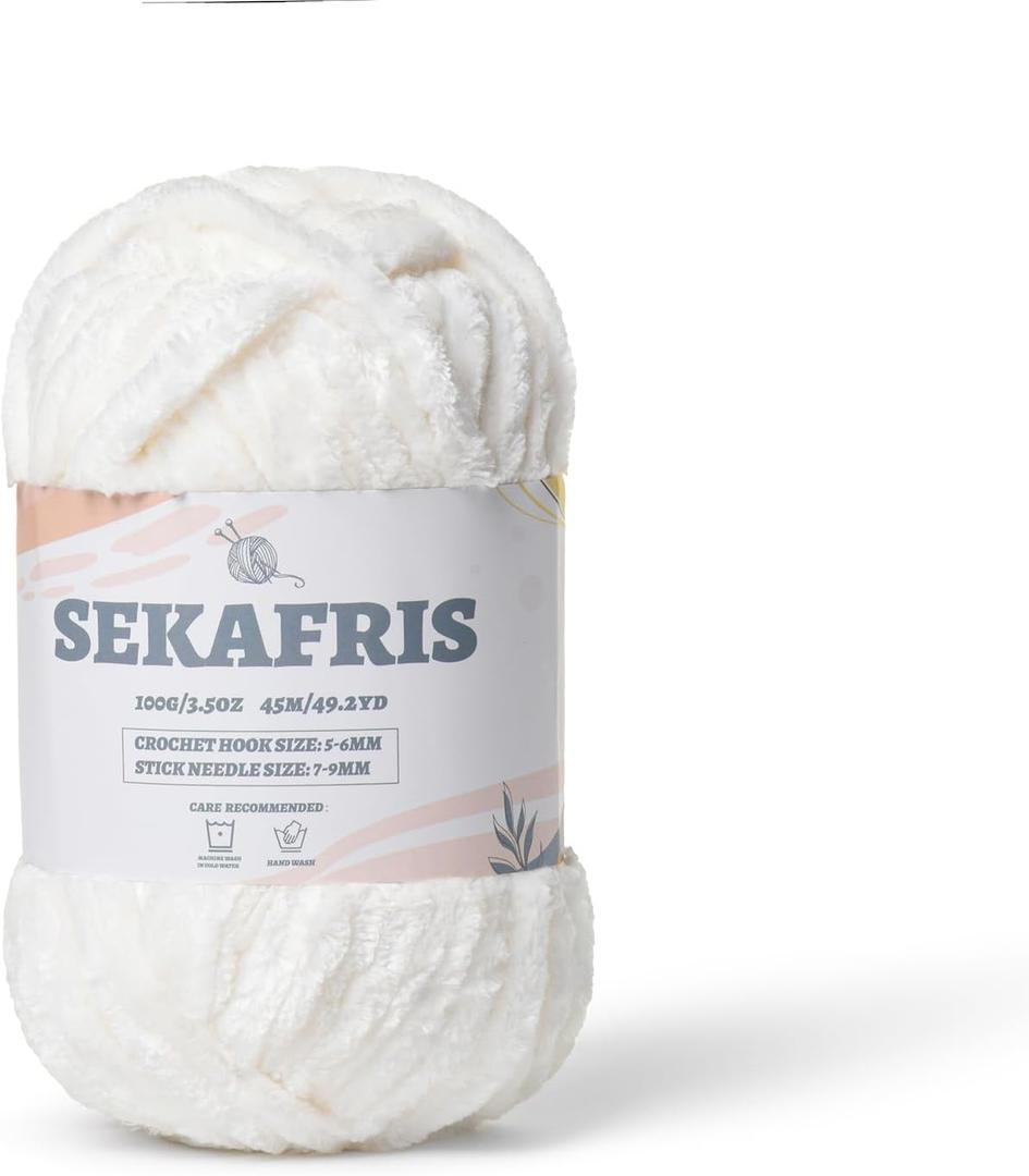 Fuzzy Chunky Chenille Yarn for Crocheting & Knitting, Soft Plush 100g (49.2yd) Baby Blanket Yarn for Amigurumi, Crochet Fluffy Velvet (White)