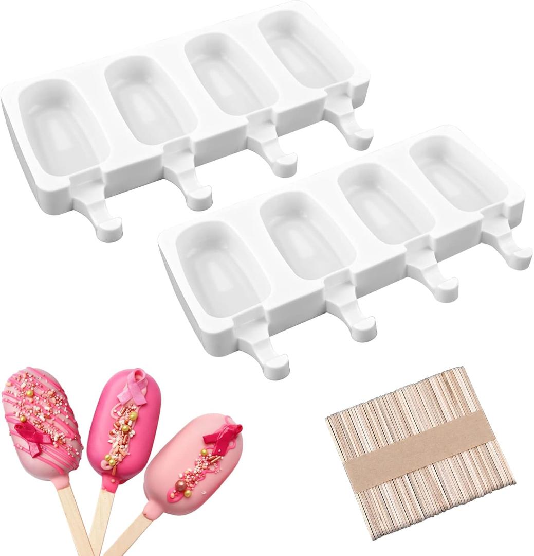 Sakolla 2 Pack Mini Popsicle Silicone Molds, 4 Cavities Oval Ice Pop Molds with 50 Wooden Sticks for Homemade Ice Cream, Cakesicles, Cake Pop (White)