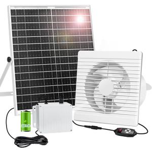 Solar Powered Fan with Battery Run Day/Night, 25W 9.8" Solar Fan for Chicken Coop with 2 Fan Speed/1-8 Cycle Timer, Waterproof Solar Greenhouse Fan for Shed, Chicken Coop, Greenhouse