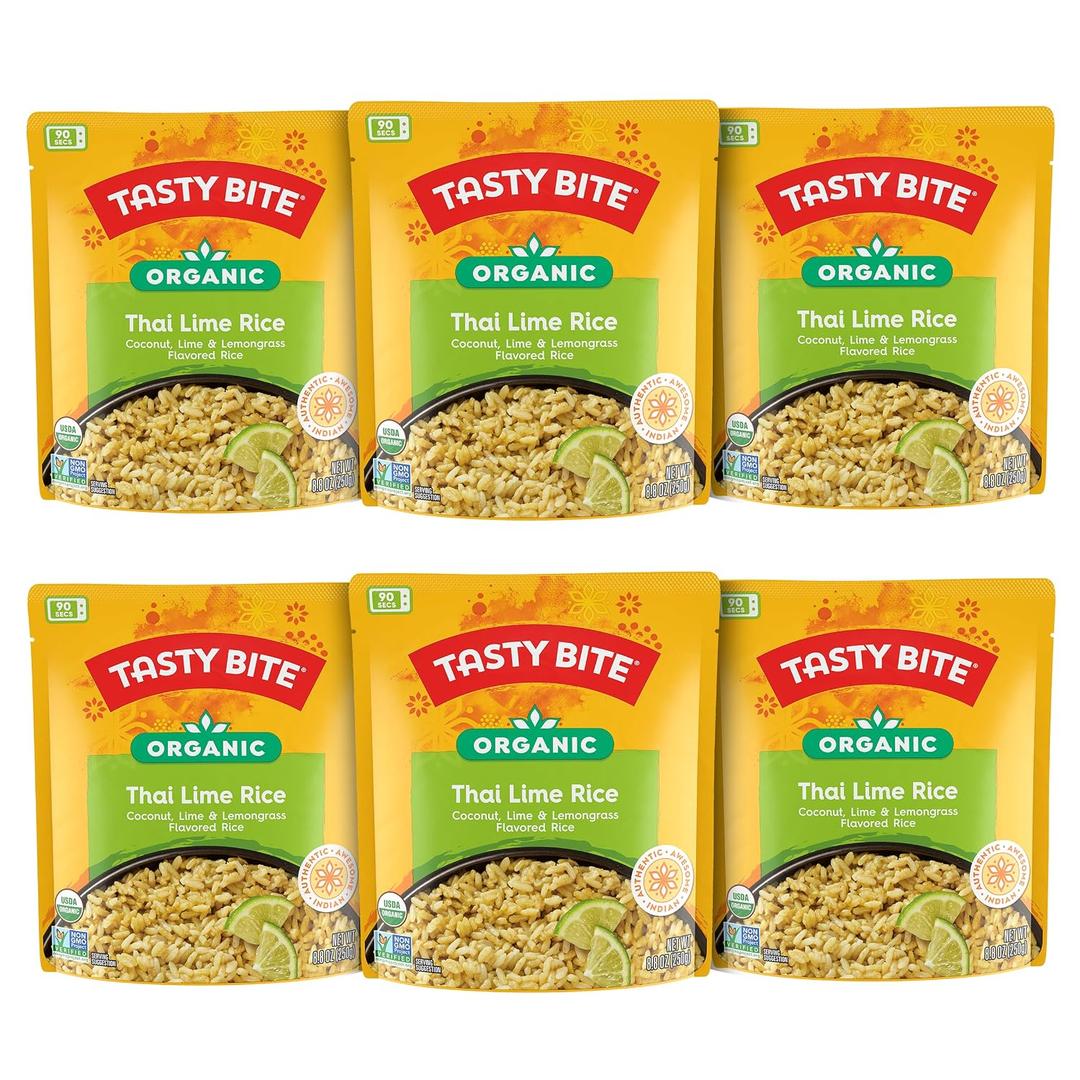 Tasty Bite Organic Thai Lime Rice, 8.8 Ounce, Pack of 6, Ready to Eat, Microwavable, Vegan, Gluten-Free (EXP 07/31/27)