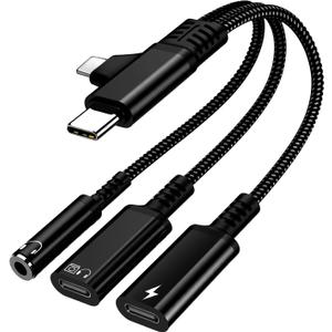 2 + 3 USB C/Lightning to Typ-C Charging/Headphones Dual Ports Plus 3.5mm Headphones with PD Fast Charging, Compatible with Lightning and USB C Ports (Black)