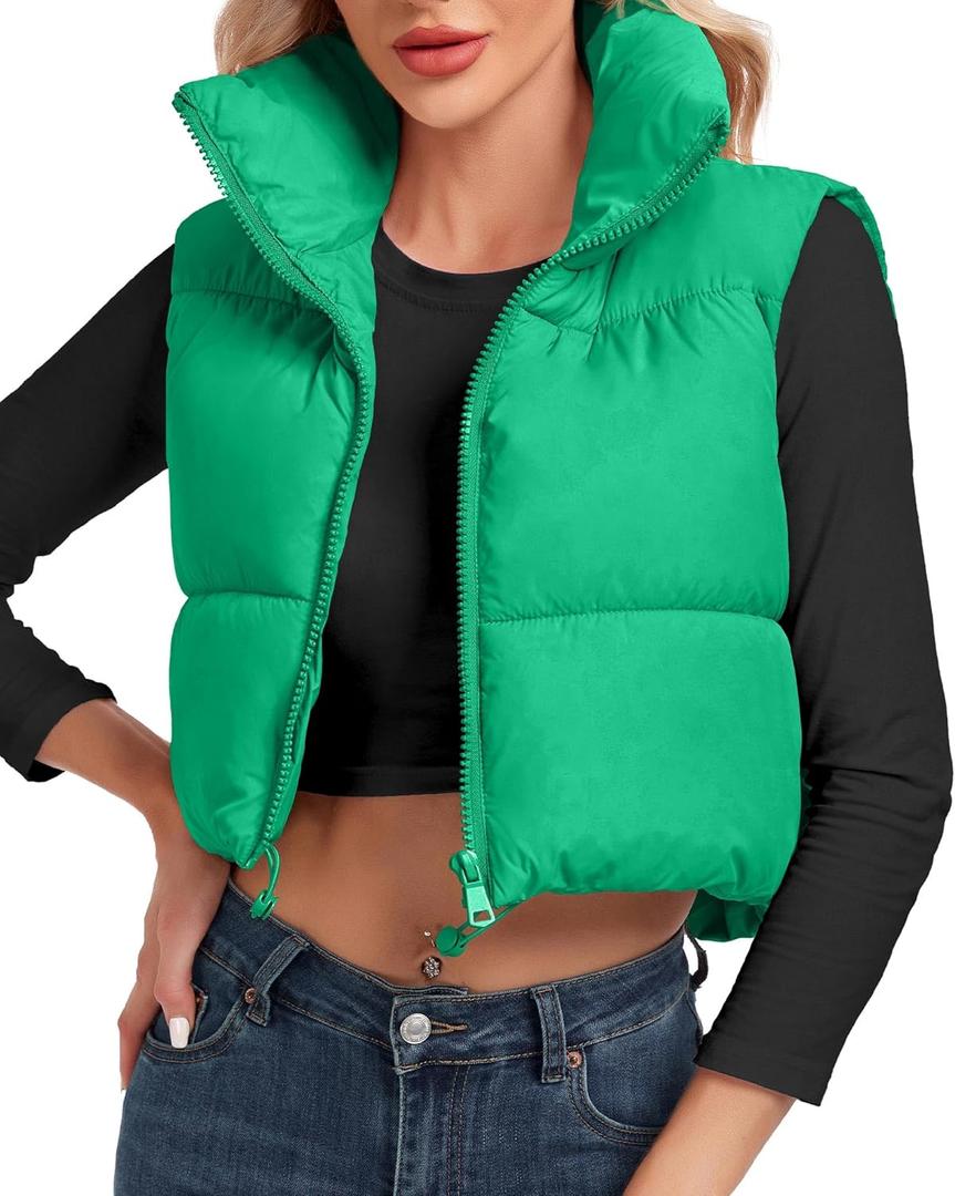 Cityork Women's Cropped Puffer Vest Sleeveless High Stand Collar Crop Outerwear Zip Up Warm Padded Gilet (XS)